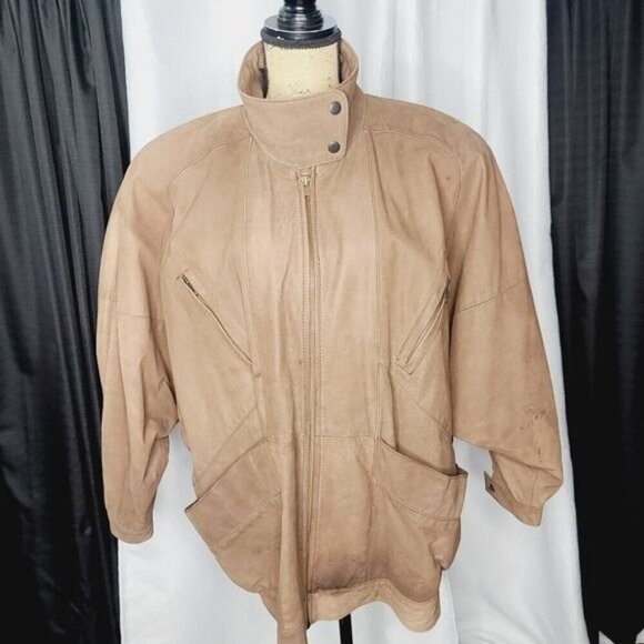 Vintage 80s Genuine Leather Tan Oversized Bomber Jacket - Picture 1 of 17